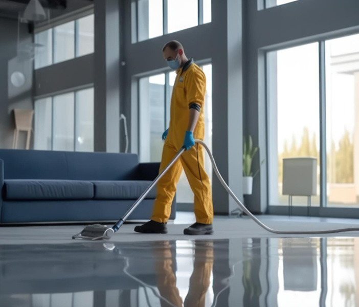 Professional worker in uniform with industrial vacuum cleaner