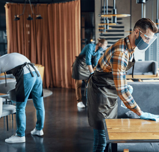 Cleaning team are cleaning the restaurant